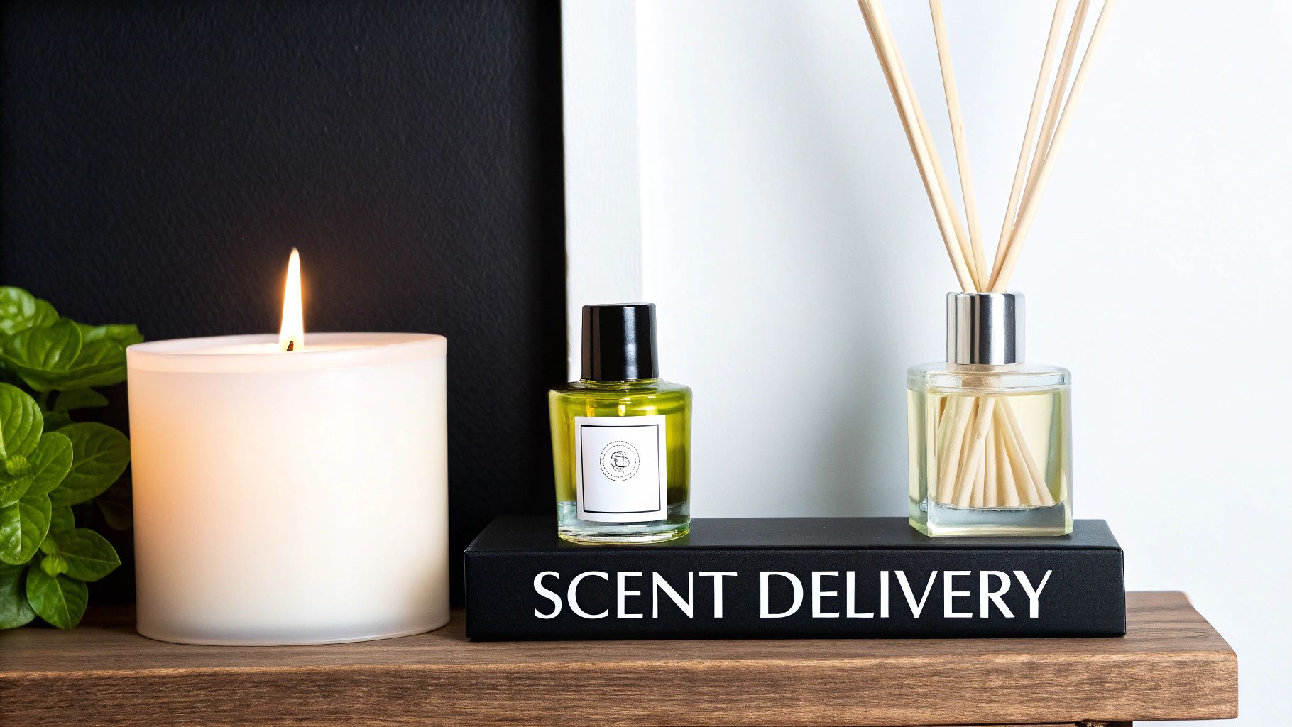 Lit candle, essential oil, and reed diffuser for home fragrance on a wooden shelf with 'SCENT DELIVERY' text.