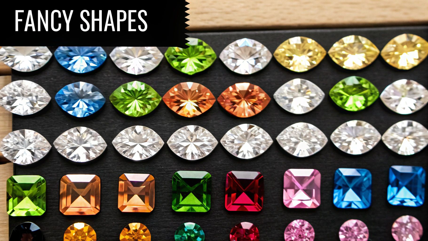 A vibrant sapphire engagement ring sits next to several different diamond shapes, showcasing the variety of available styles.