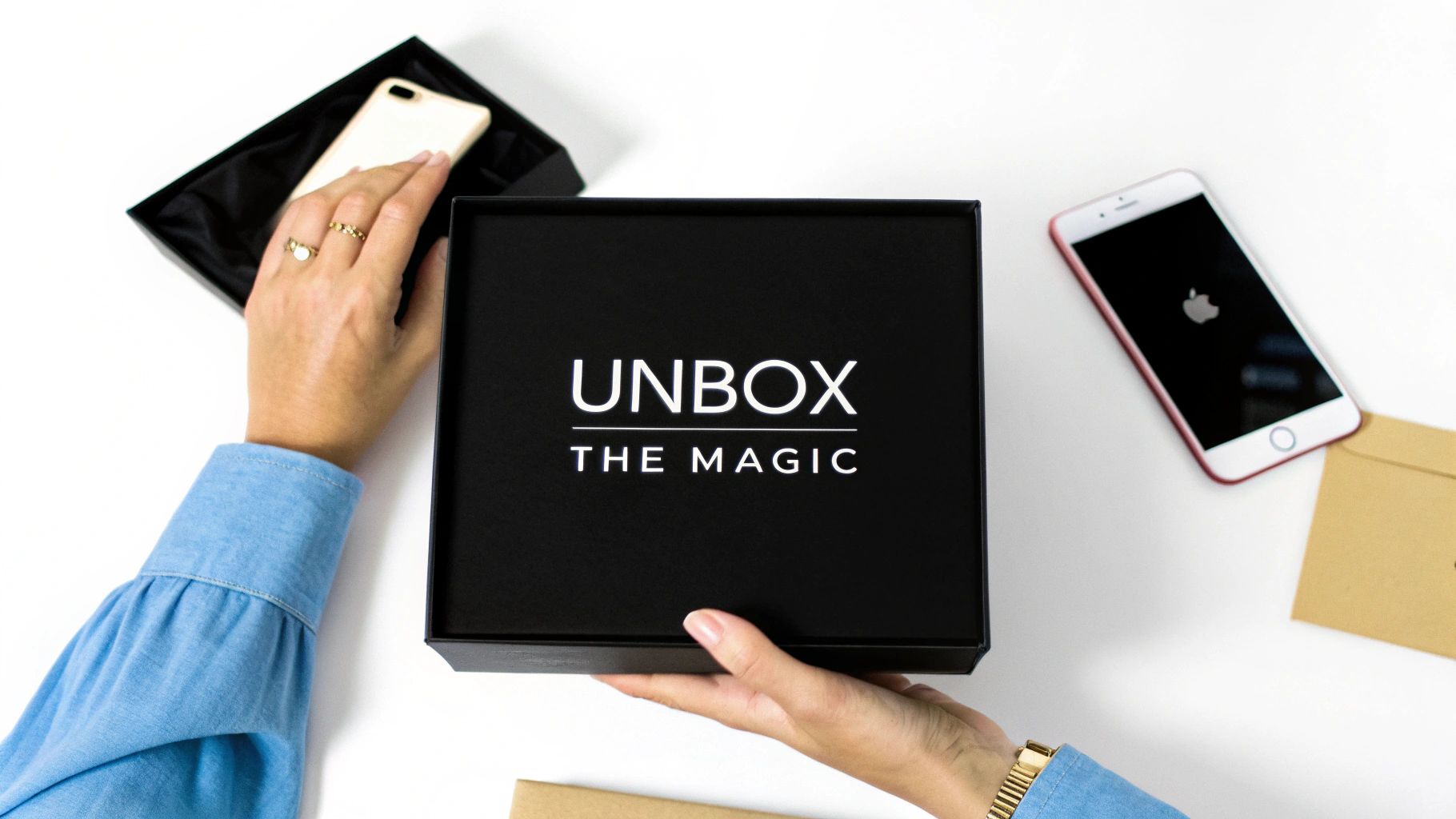 A top-down view of hands unboxing a black gift box that says 'UNBOX THE MAGIC'.