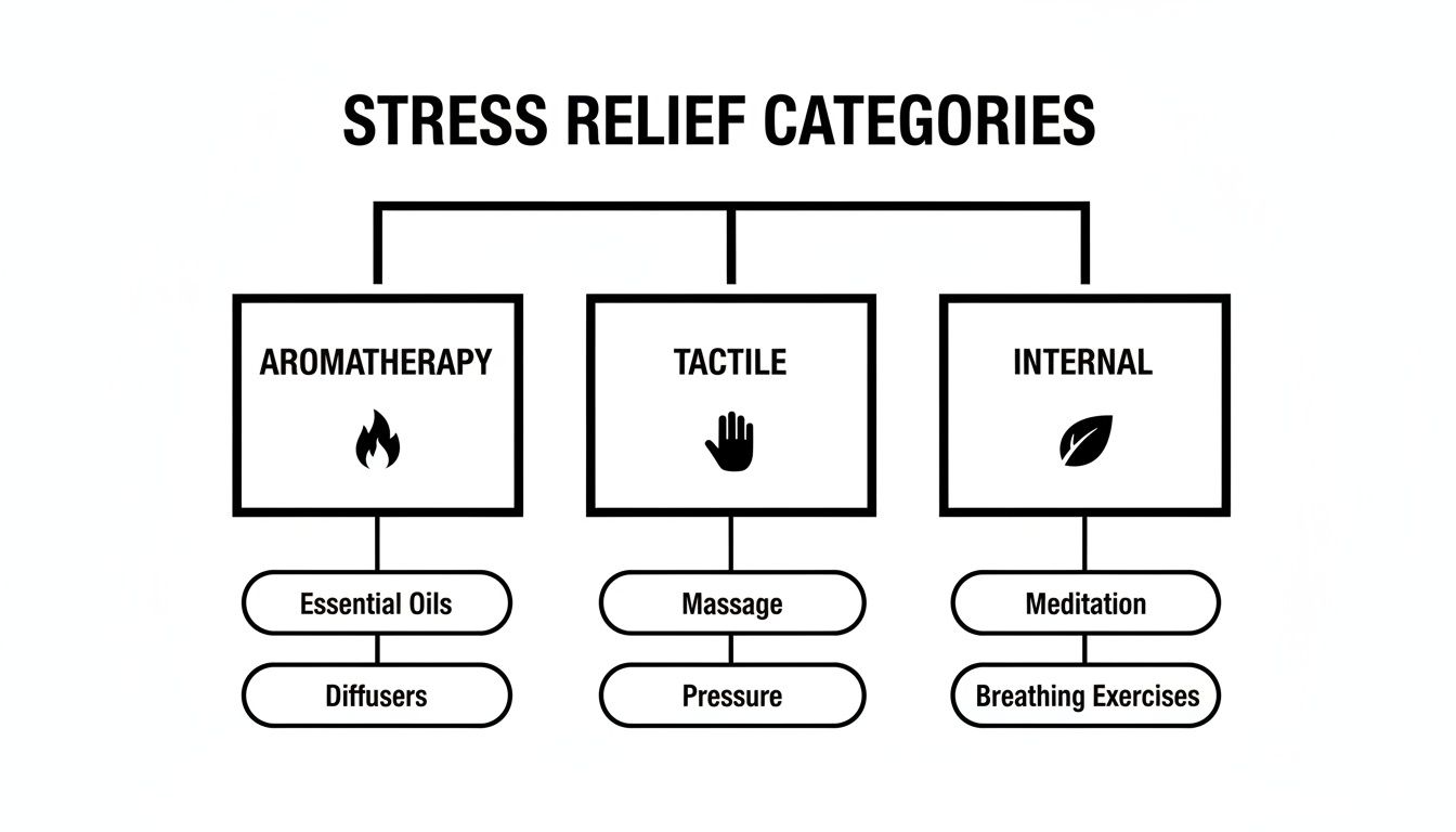 A diagram categorizing stress relief methods into Aromatherapy, Tactile, and Internal with sub-methods.