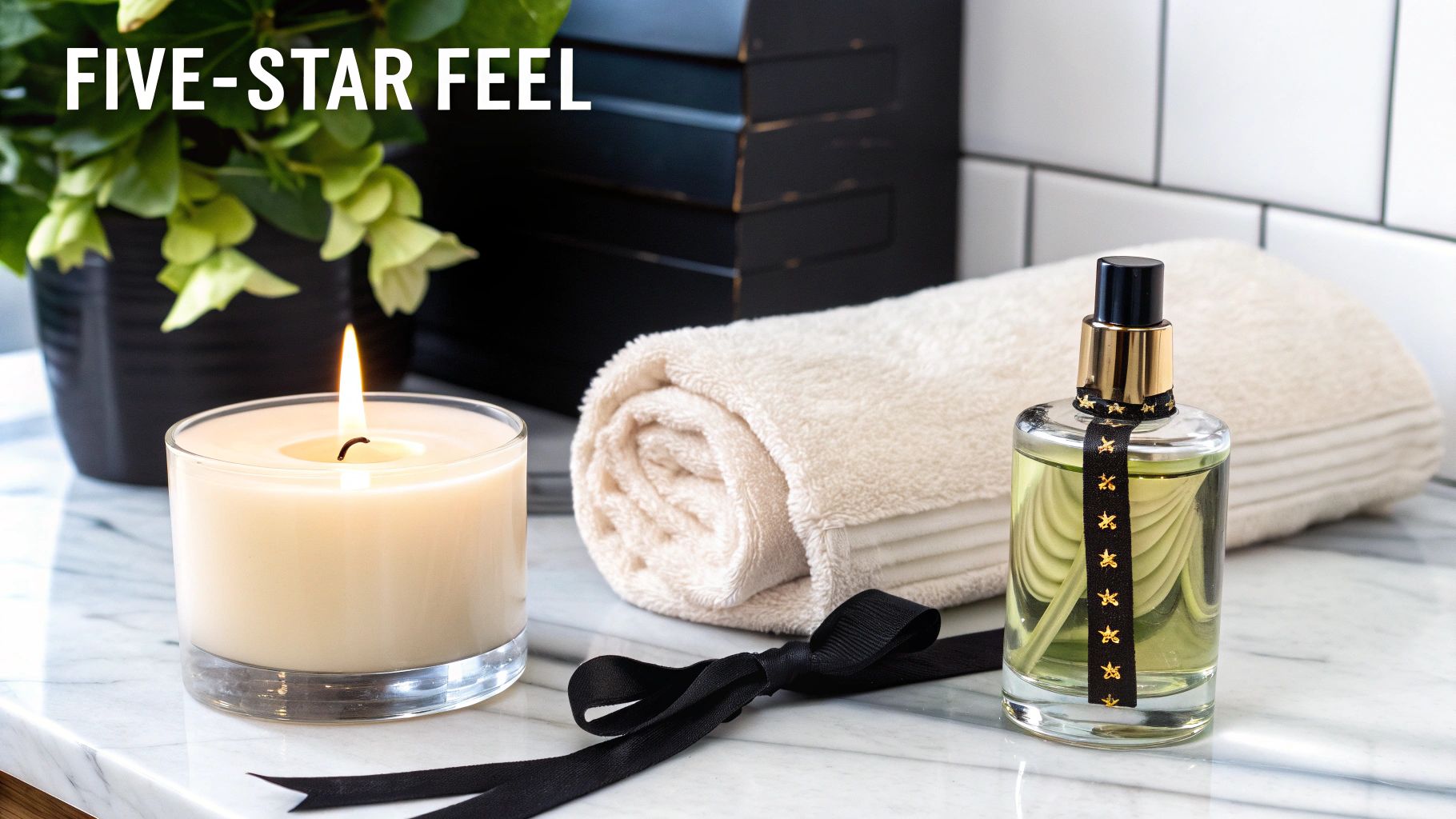 Luxury spa gift idea: a scented candle, soft towel, and elegant fragrance bottle on marble.