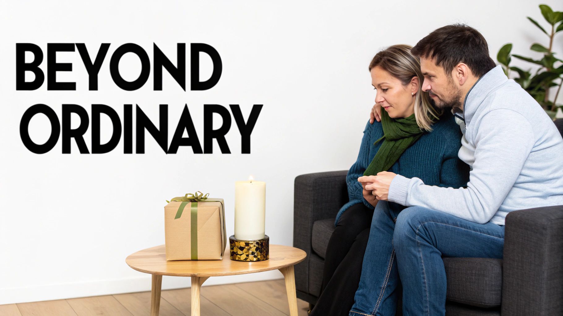 A couple sits on a couch, holding hands, with a gift and lit candle on a table, under 'BEYOND ORDINARY' text.