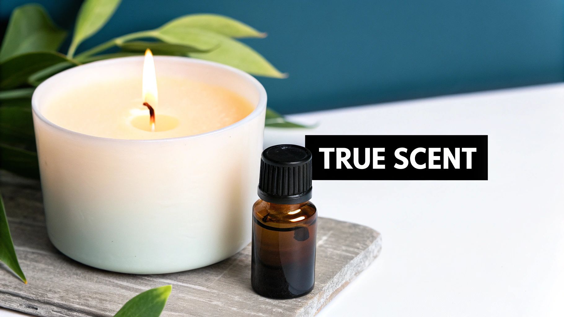 A lit soy wax candle with a visible pool of melted wax, surrounded by botanicals
