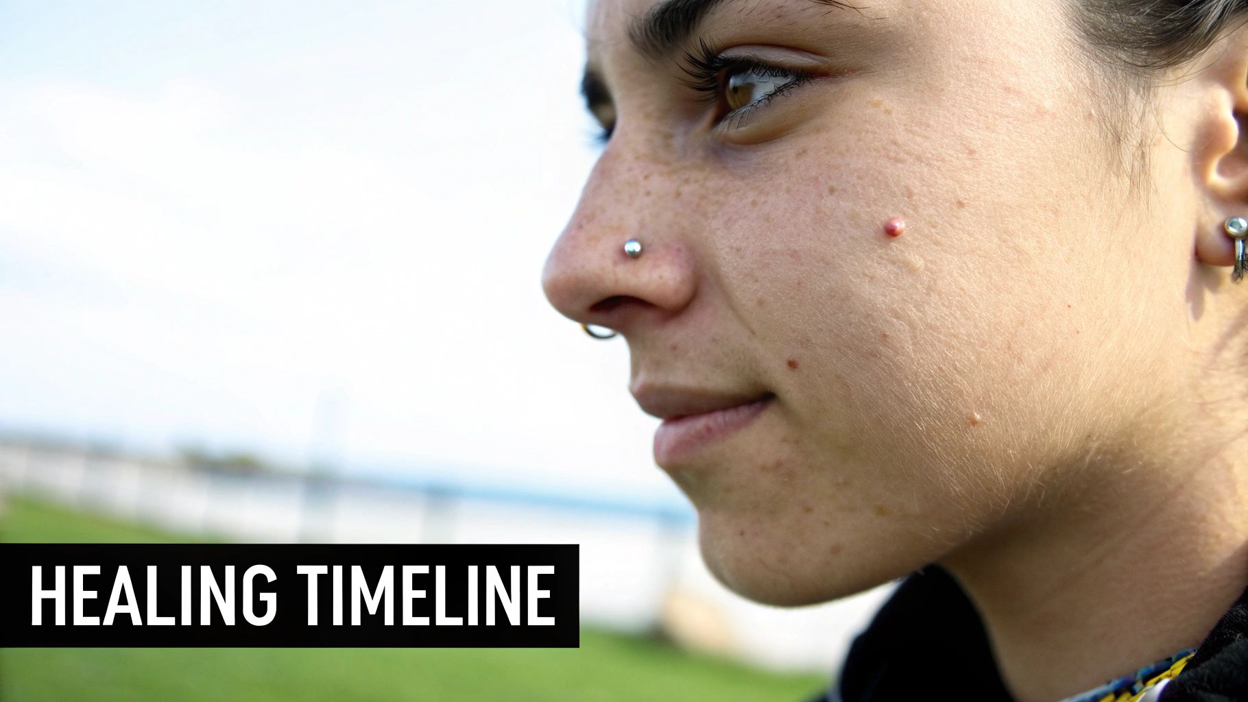 A person with a healed nostril piercing wearing a delicate nose ring.