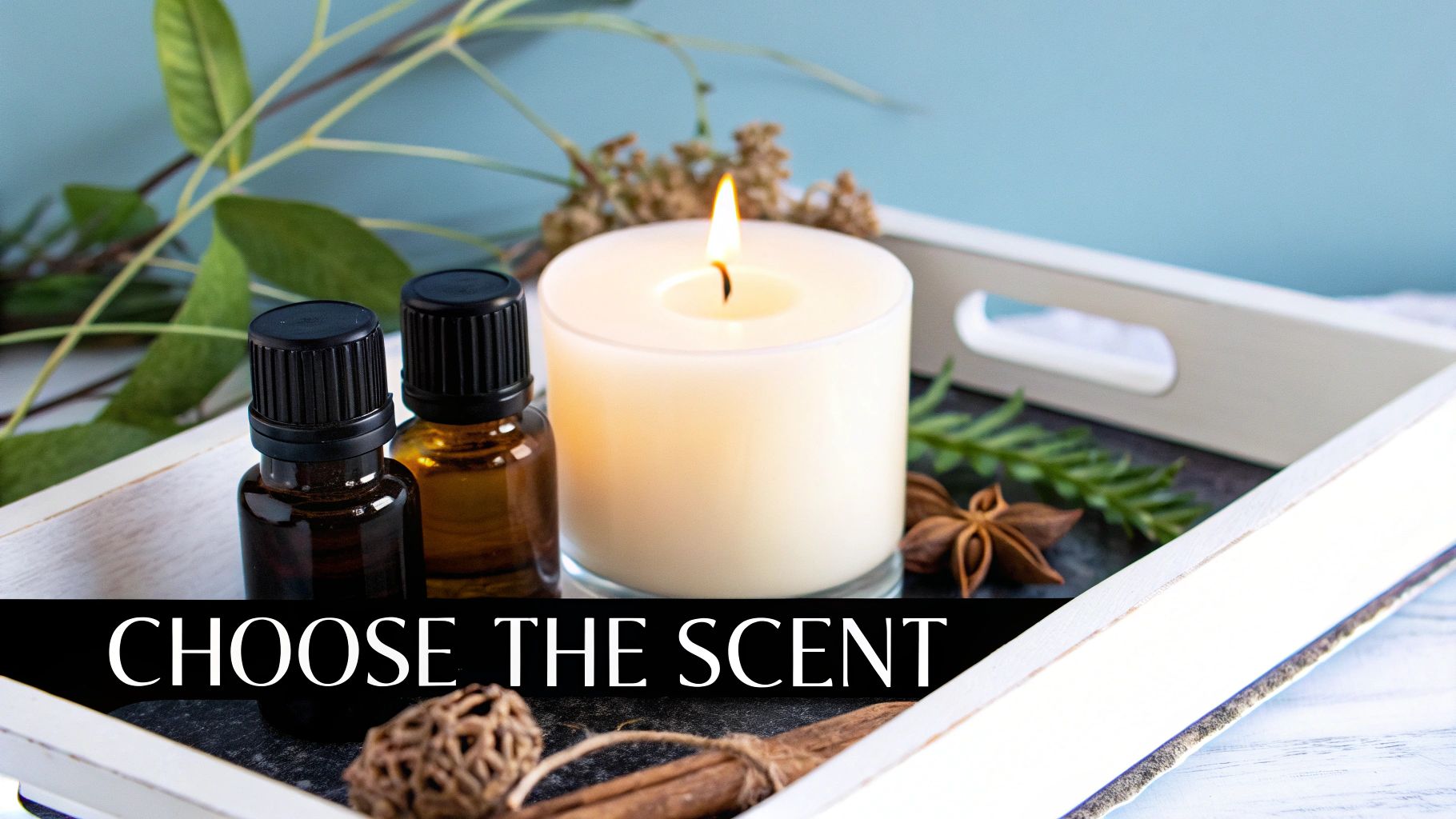A person holding a lit scented candle in a decorative jar.
