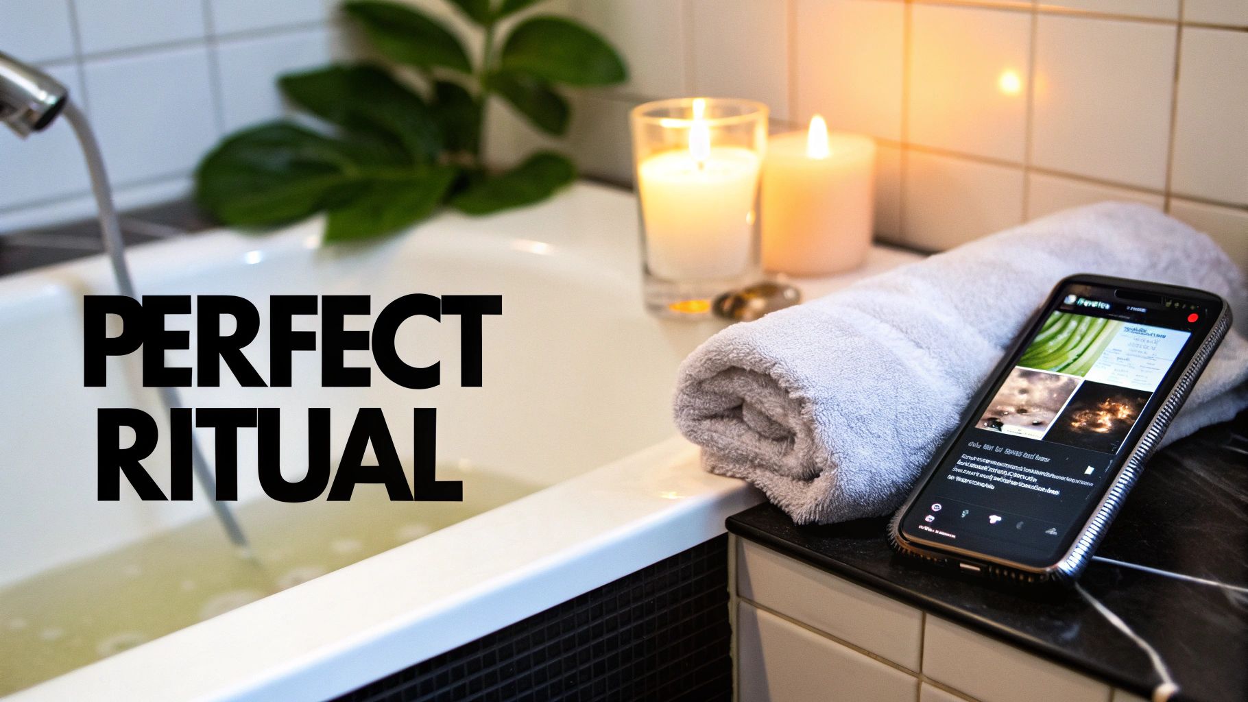 Close-up of a bathtub filling with water, candles, and a smartphone for a perfect self-care ritual.