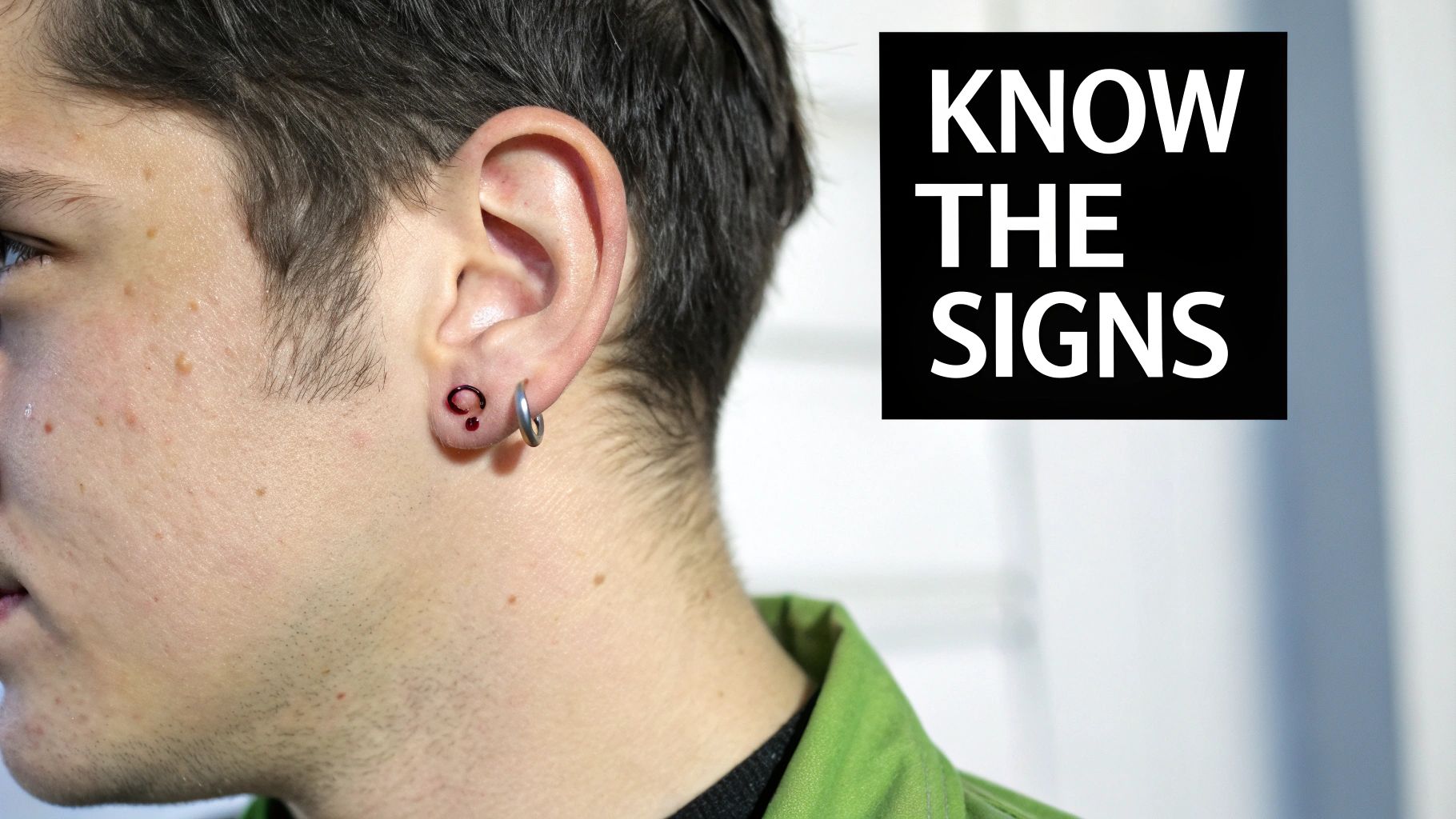 A close-up of an industrial piercing on an ear, showing its placement.