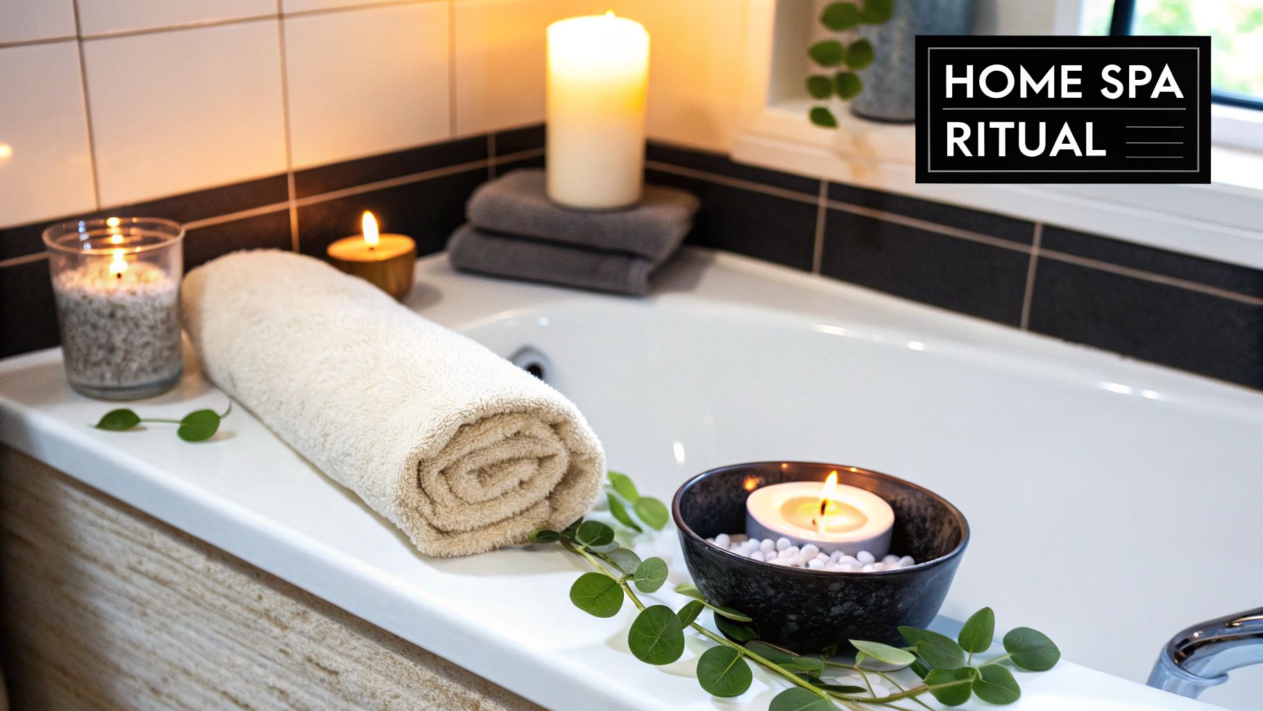 Relaxing home spa bathroom setup with rolled towels, candles, and eucalyptus on bathtub ledge