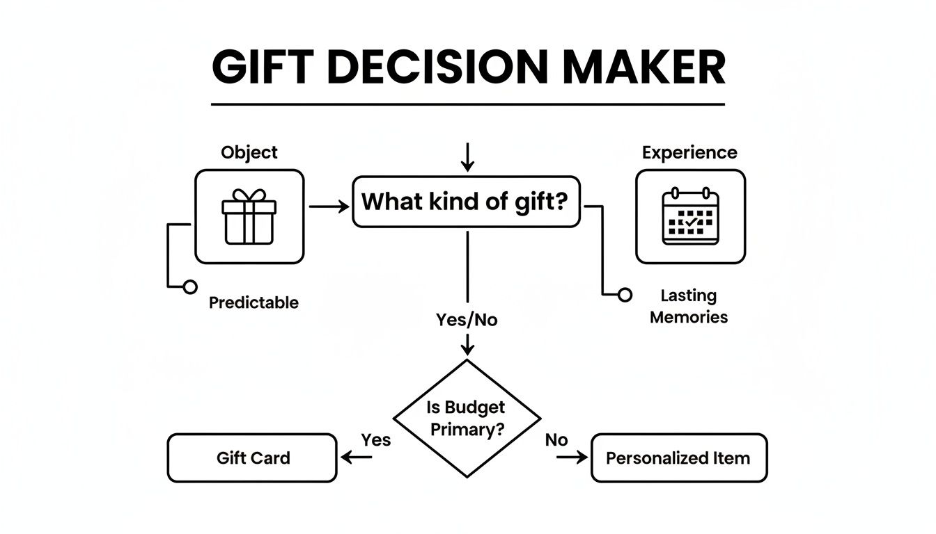 Flowchart for gift decision making, guiding selection between object, experience, budget priority, and final gift type.