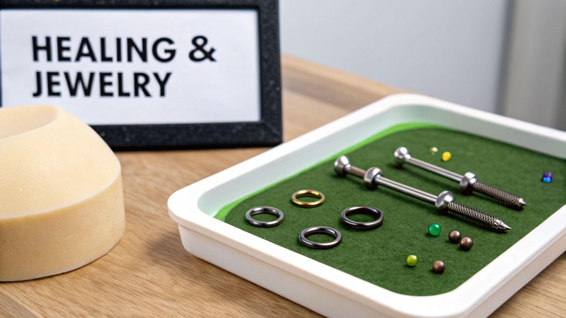 A close-up of piercing tools, various rings, and colorful beads displayed on a green tray.