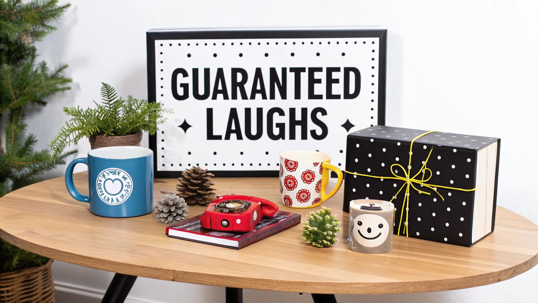 A table filled with fun and quirky novelty items, including mugs, a gift box, and a 'GUARANTEED LAUGHS' sign.