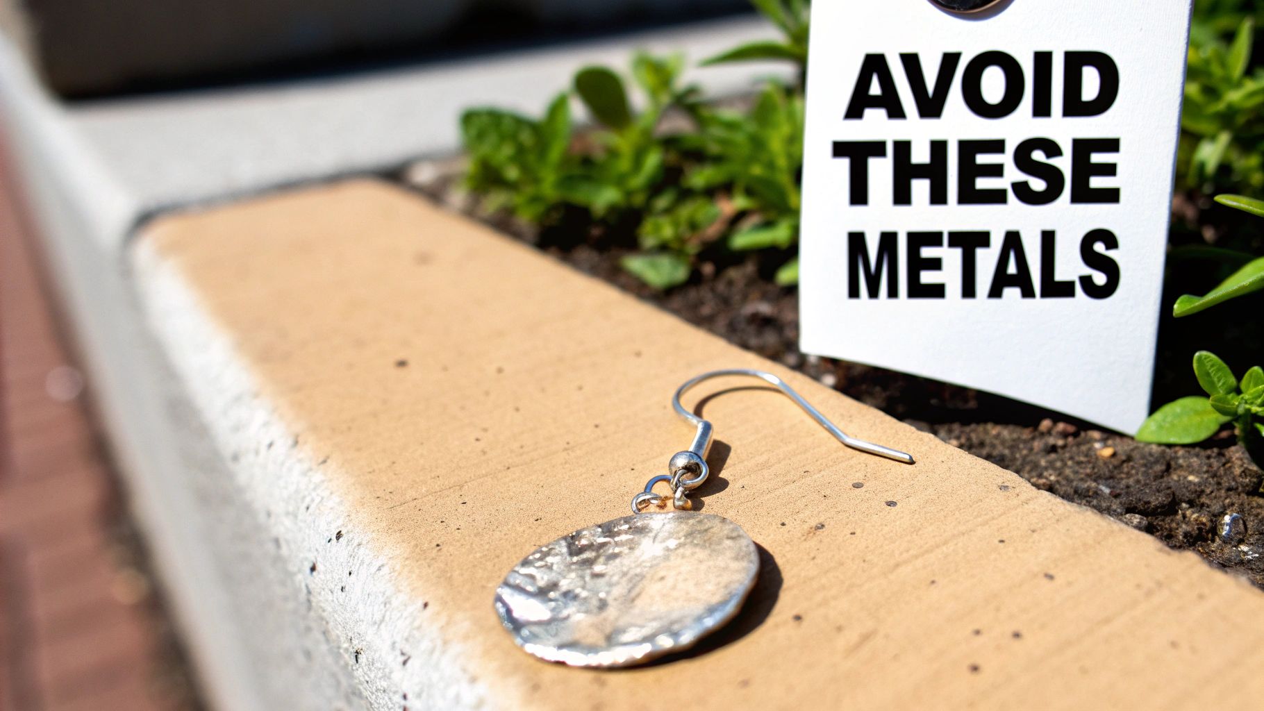 Silver earring beside warning sign about avoiding certain metals for new piercings in planter