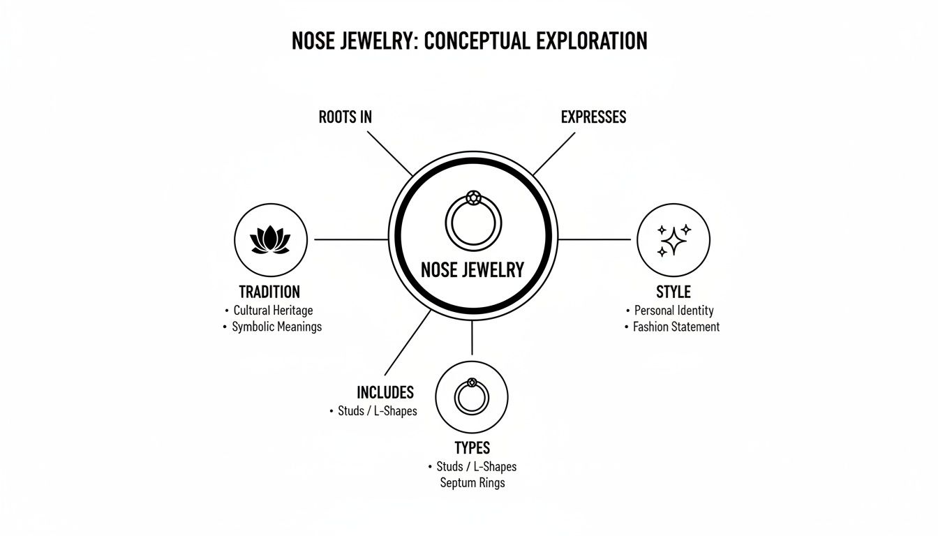 A conceptual diagram exploring nose jewelry, its roots in tradition, expression of style, and various types.
