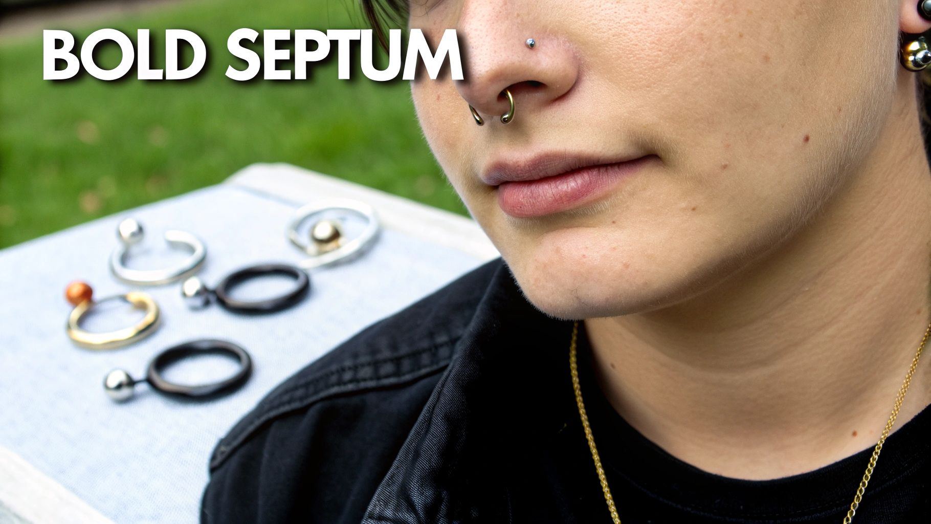 Close-up of a person with a bold gold septum ring and a subtle silver nostril piercing.