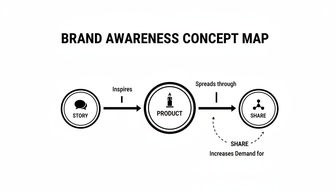 Concept map illustrating brand awareness cycle: story inspires product, which spreads through sharing and increases demand.
