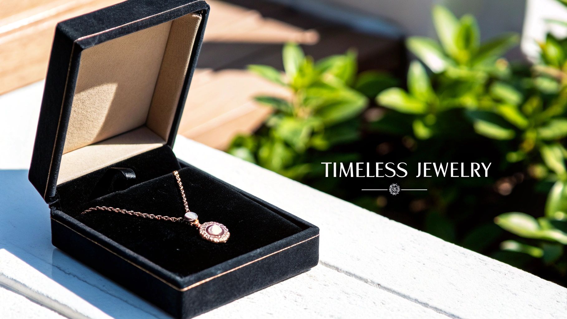 An open black velvet jewelry box displays a delicate rose gold necklace with a white pearl pendant, on a white wooden surface.