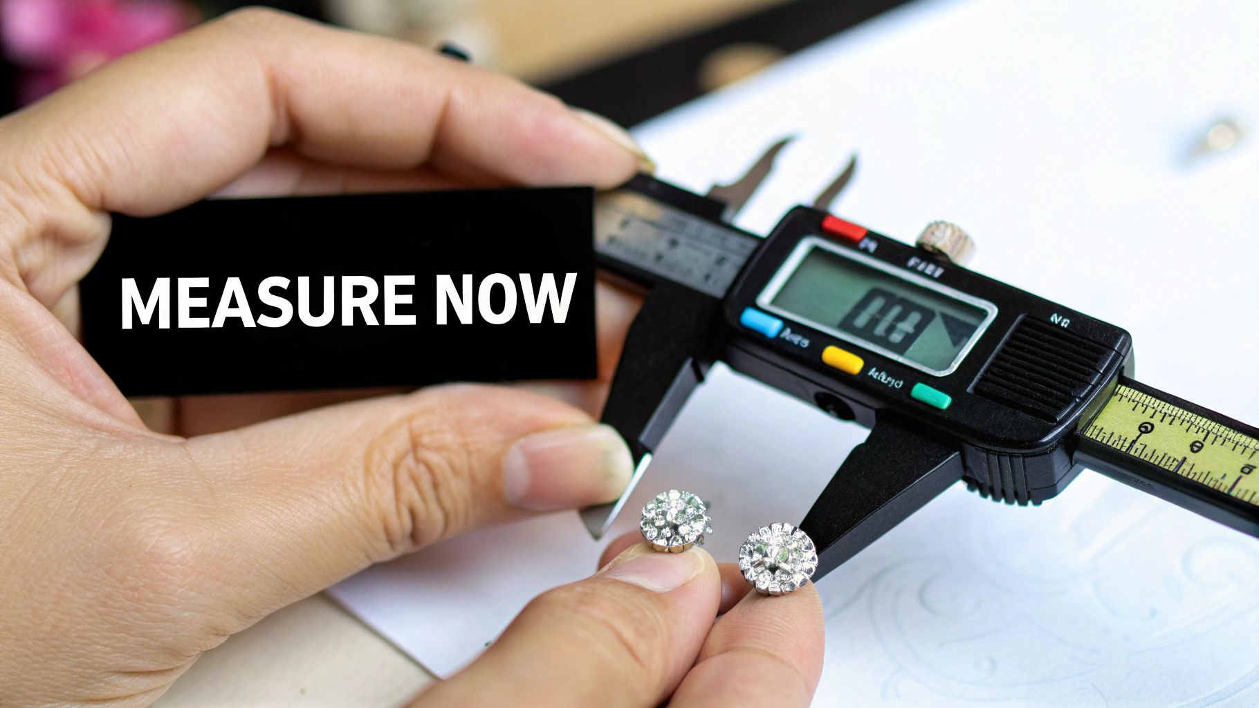 A person measures two sparkling diamond earrings with a digital caliper, next to 'MEASURE NOW' text.