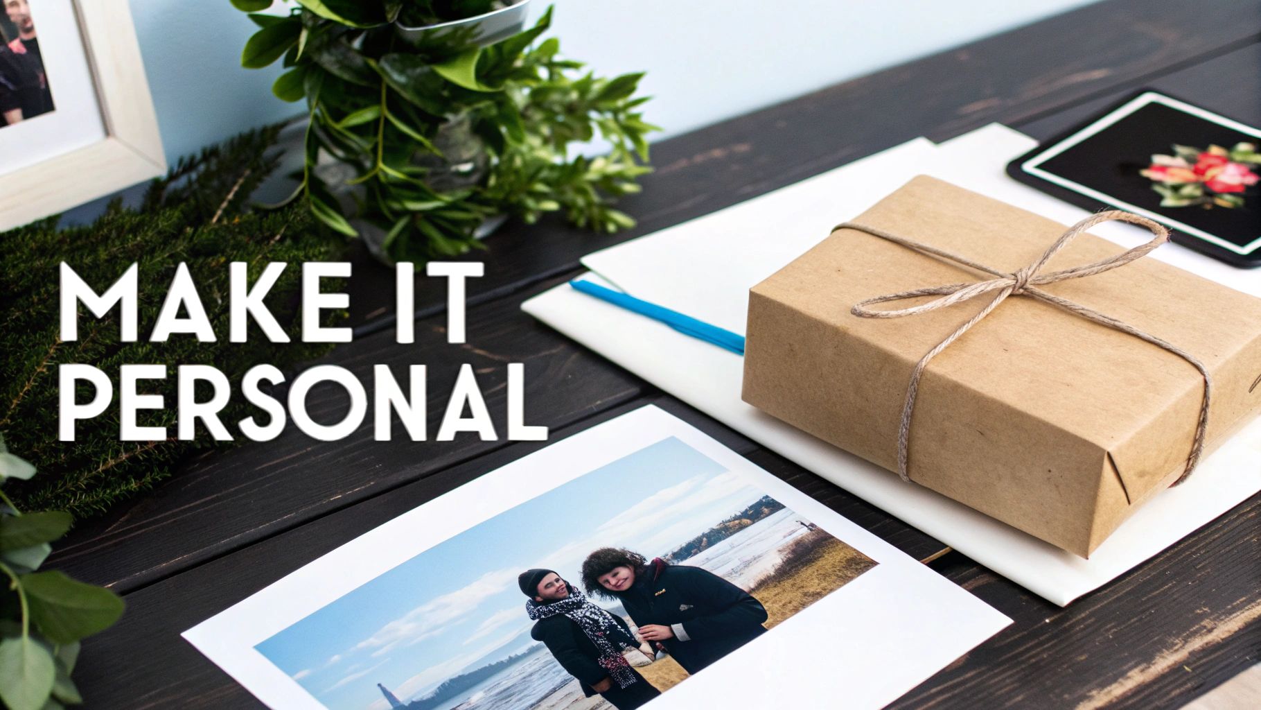 A beautifully wrapped personalized gift box with a printed photo and plants on a wooden desk.
