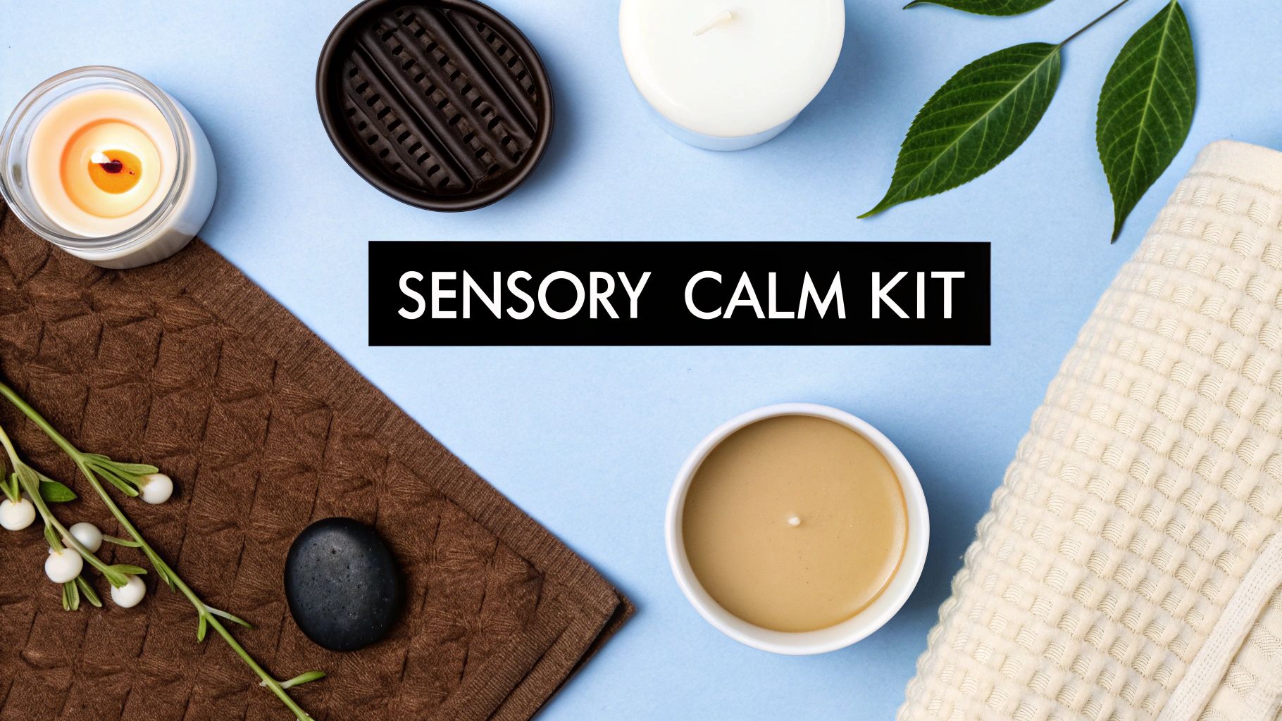 A beautifully arranged relaxation gift basket with candles, soaps, and bath bombs.