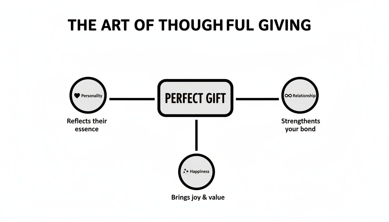 Diagram illustrating 'The Art of Thoughtful Giving' and the elements of a perfect gift.