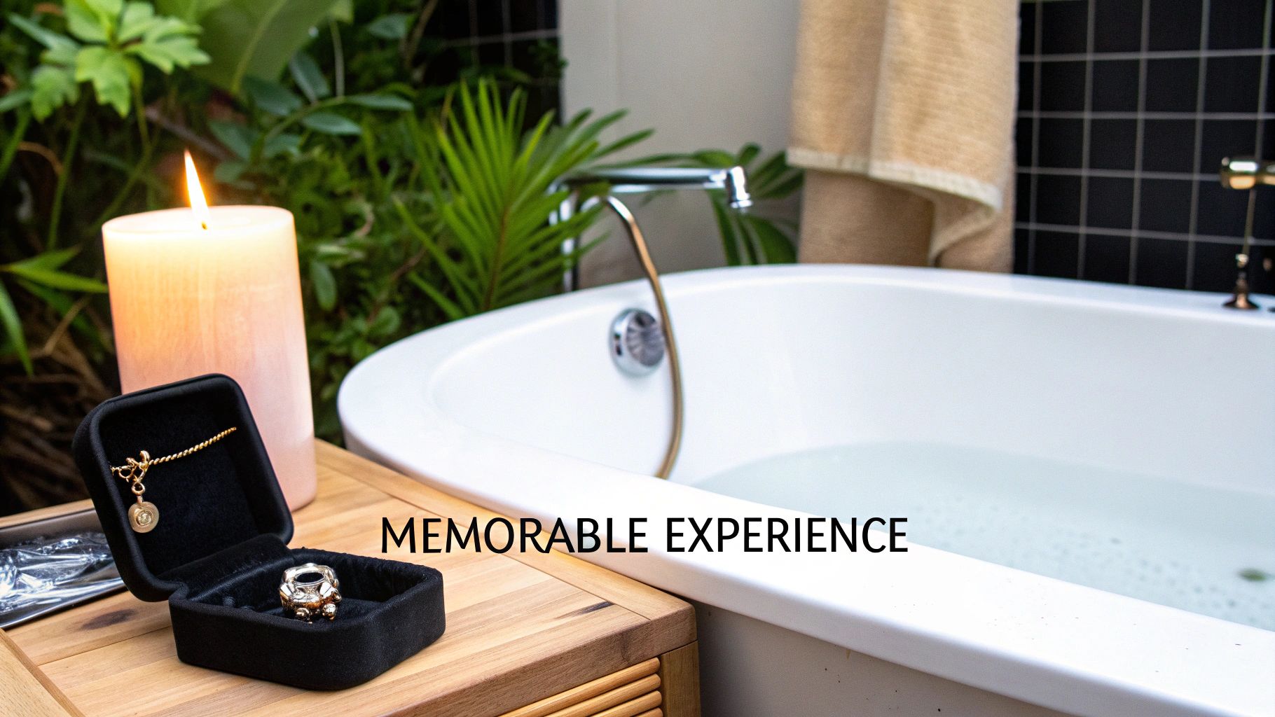 A romantic bath setting with a lit candle, open jewelry box containing a necklace and ring, and a full bathtub.