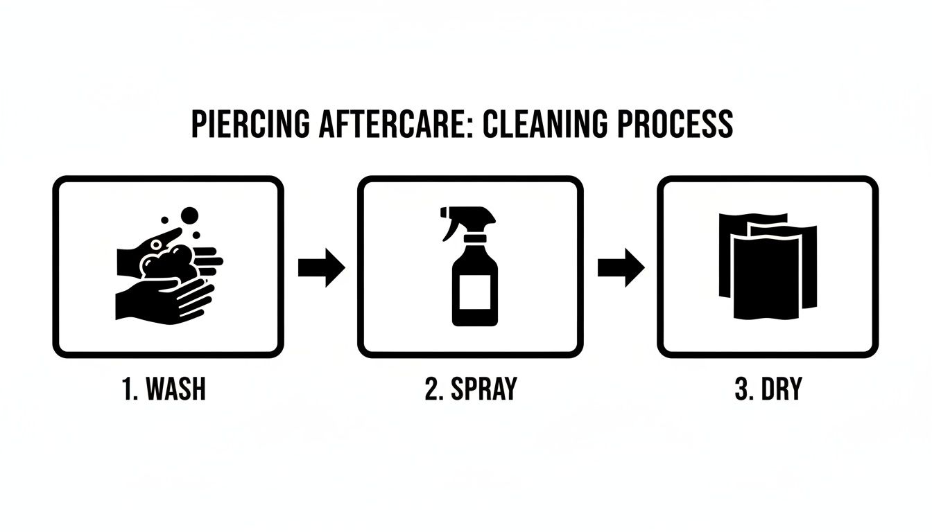 A three-step guide for piercing aftercare: wash hands, spray cleaner, and dry with paper towels.