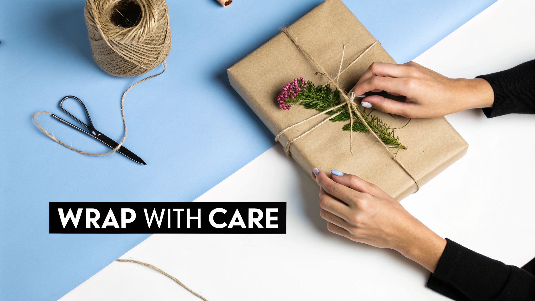Hands carefully wrapping a brown paper gift with twine and a small flower on a blue and white background.