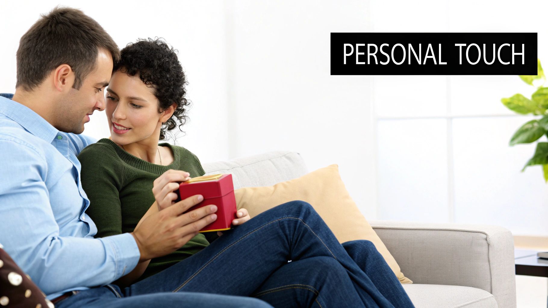 A loving couple on a couch, sharing a personal moment while opening a red gift box.