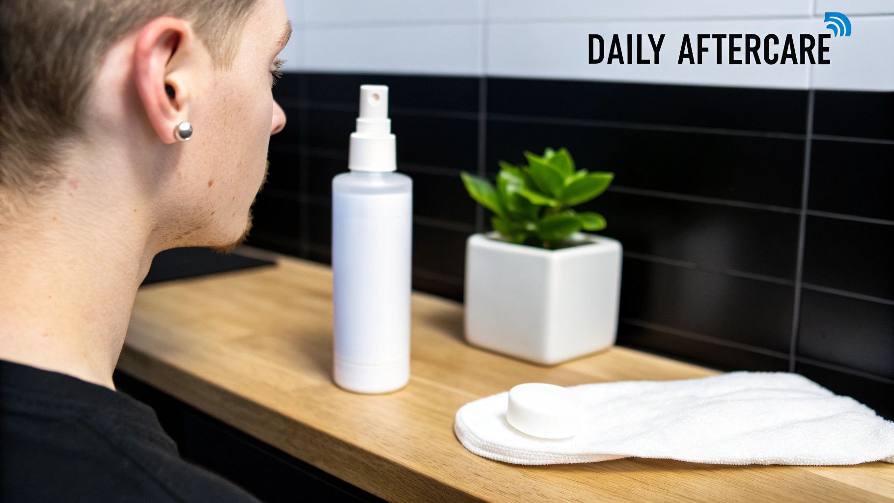 Person with conch piercing using spray bottle and cotton pads for daily piercing aftercare routine