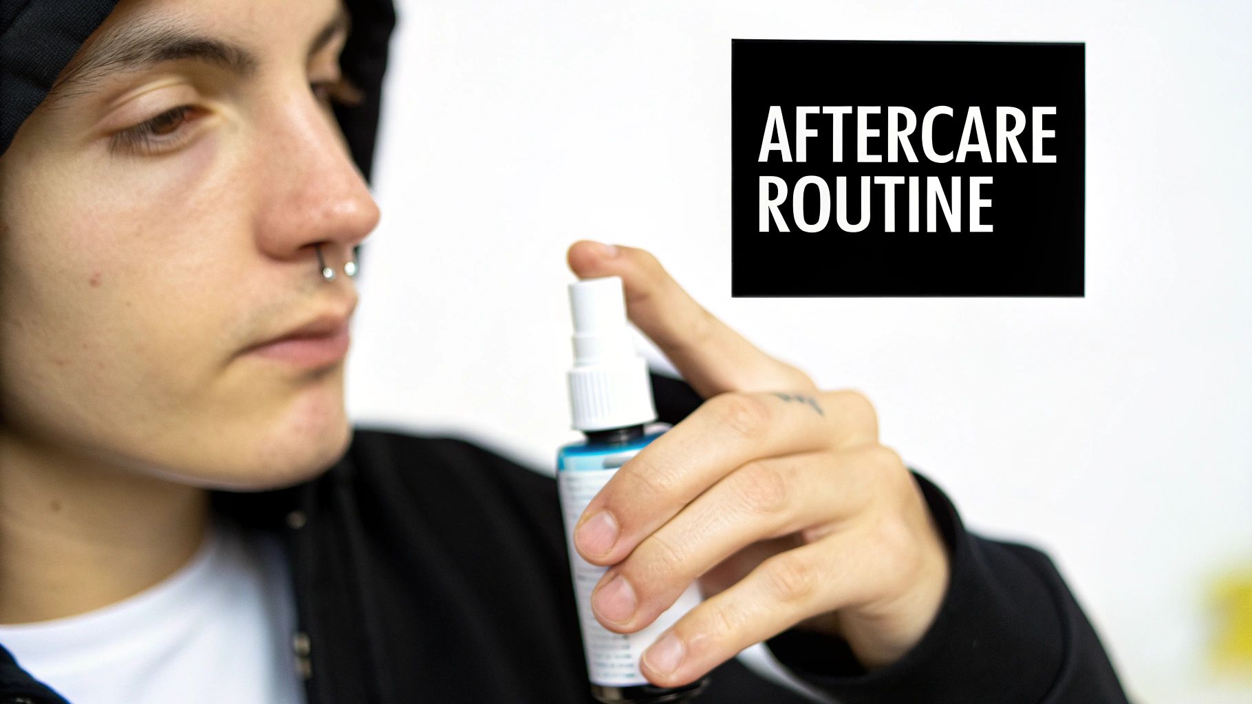 A close-up of a person's nose with a stylish silver ring.