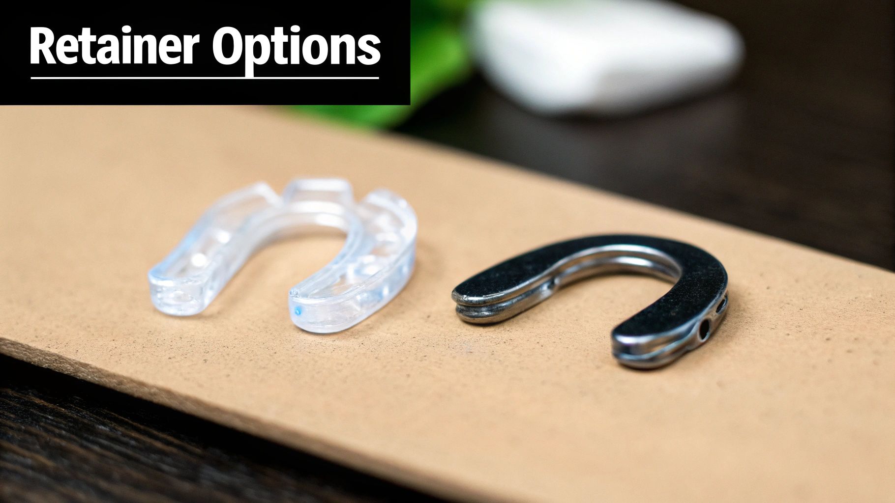 Two types of dental retainers, one clear plastic and one dark metal, displayed on a brown surface.
