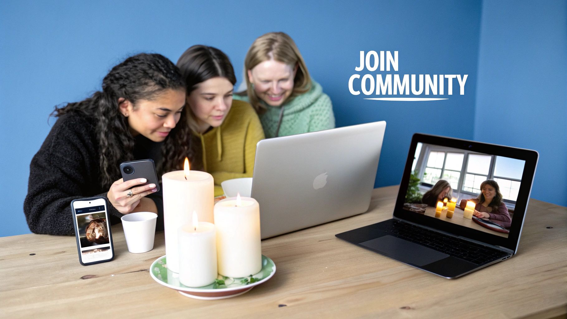 Three women gather around a table with laptops and phones, connecting in an online community.
