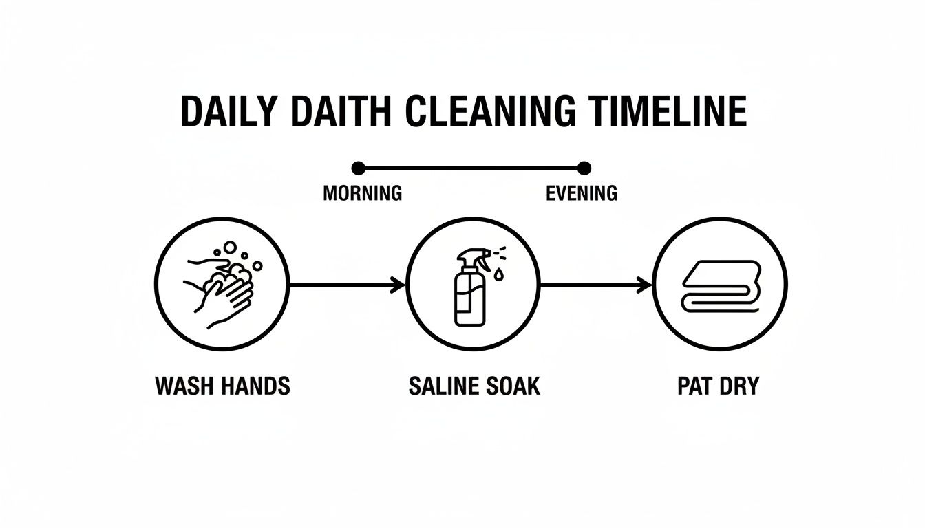 A daily daith cleaning timeline illustrating three steps: wash hands, saline soak with a spray, and pat dry with a towel.