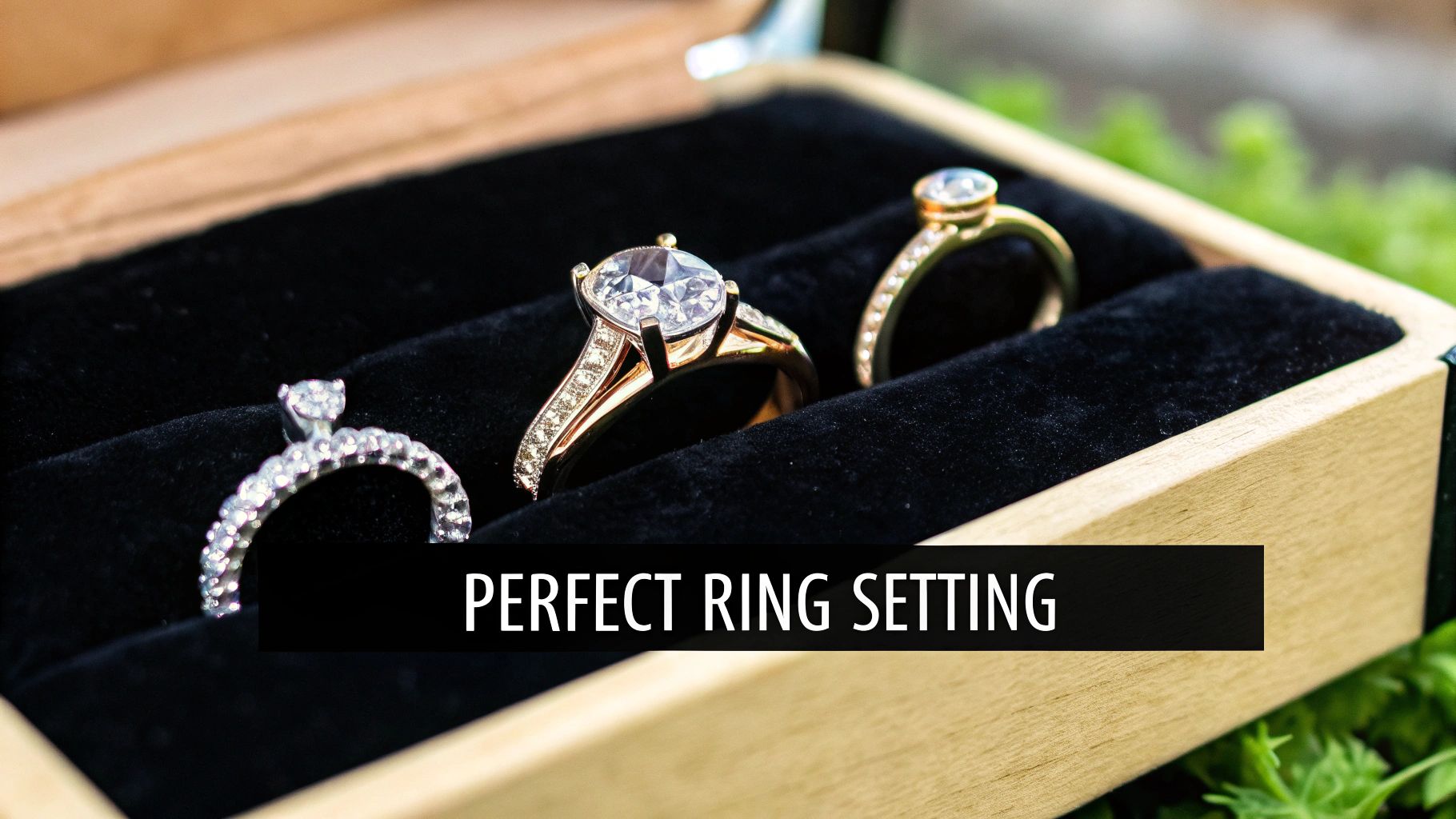 A collection of engagement rings with different settings and metals displayed on a neutral background.