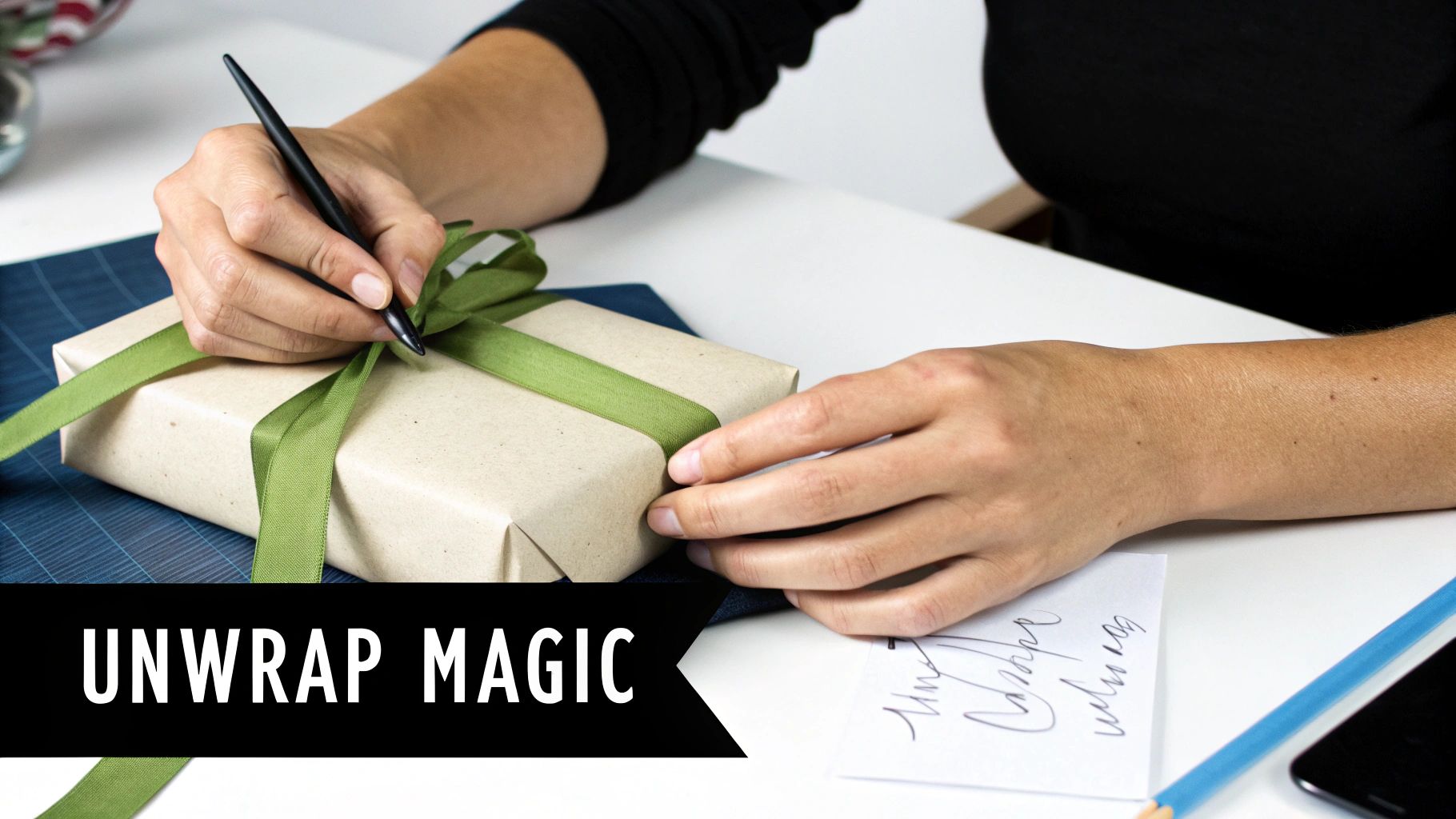 Person wrapping gift with green ribbon and writing personalized card for couple