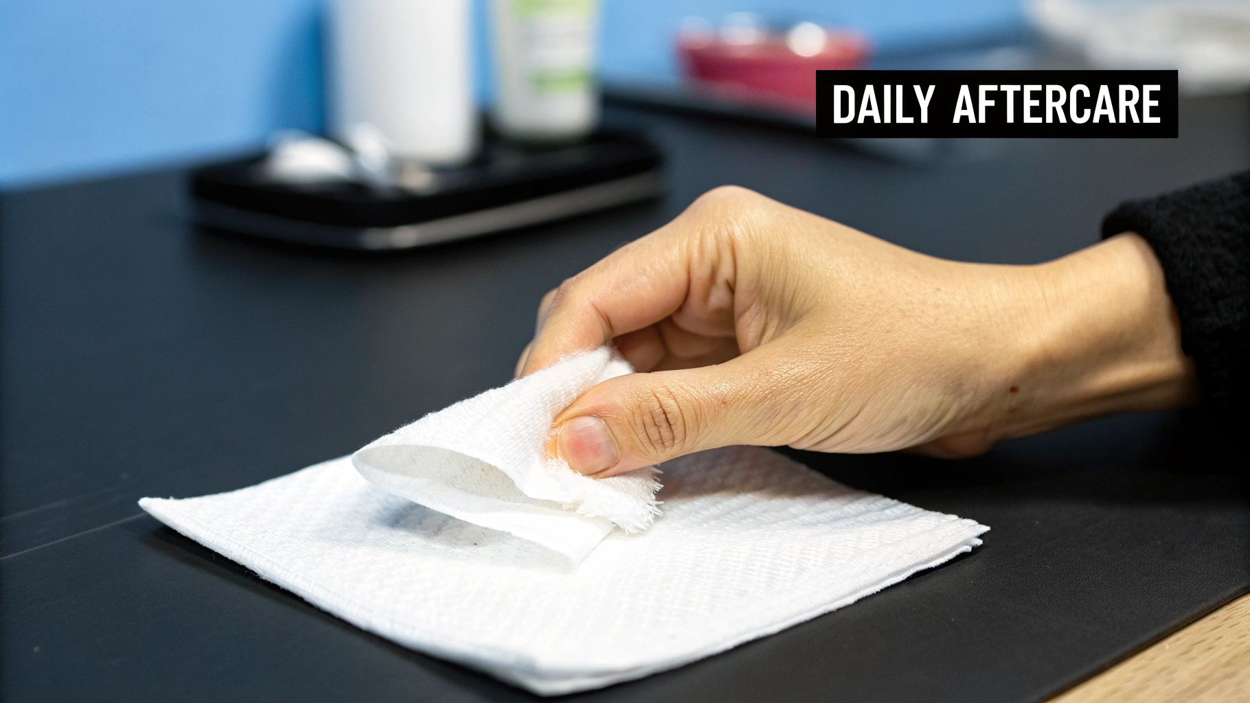 A hand gently dabs a white paper towel on a dark surface, illustrating daily aftercare.