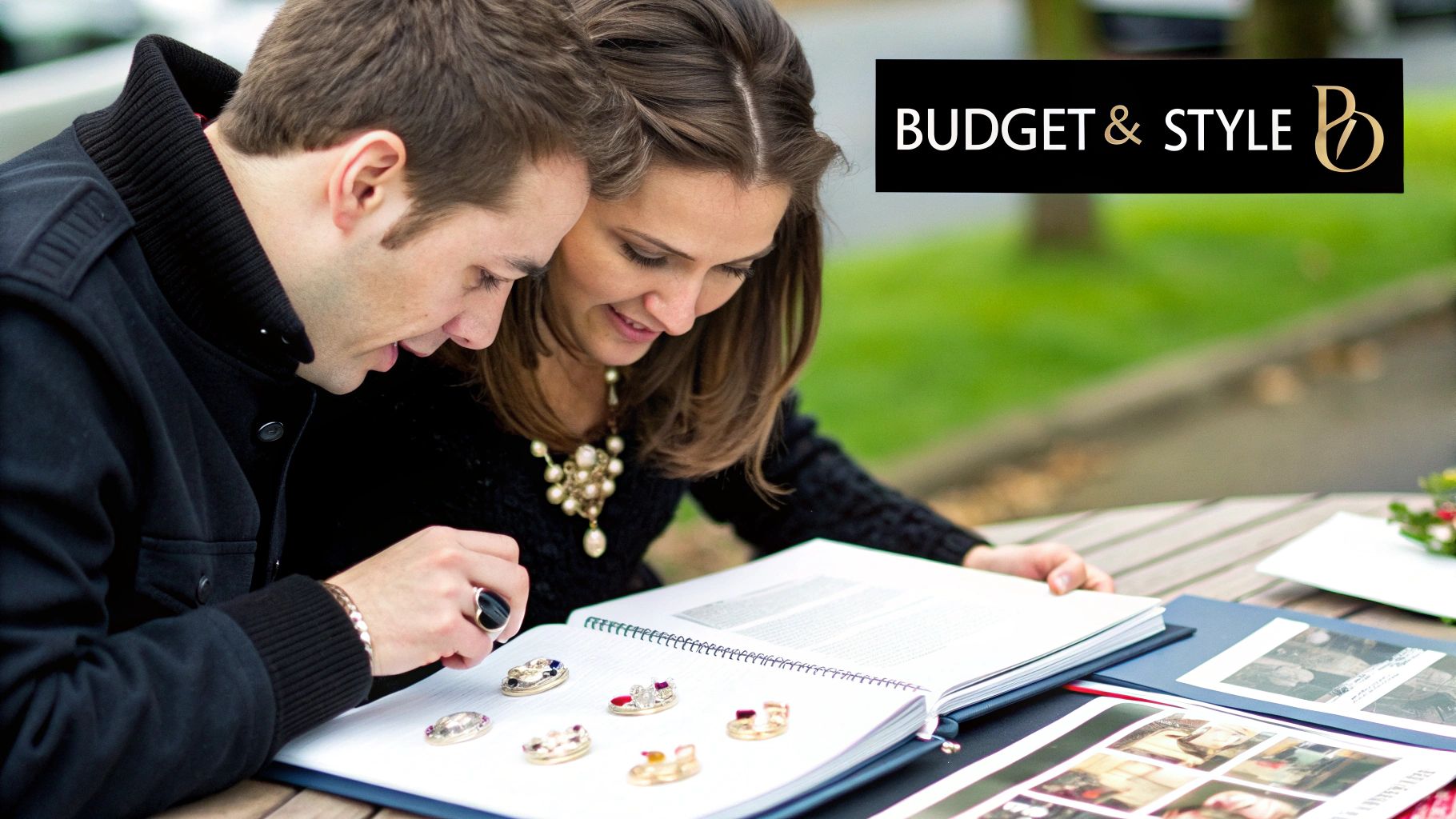 A beautifully crafted engagement ring held between two fingers, with a soft, blurred background highlighting its sparkle.