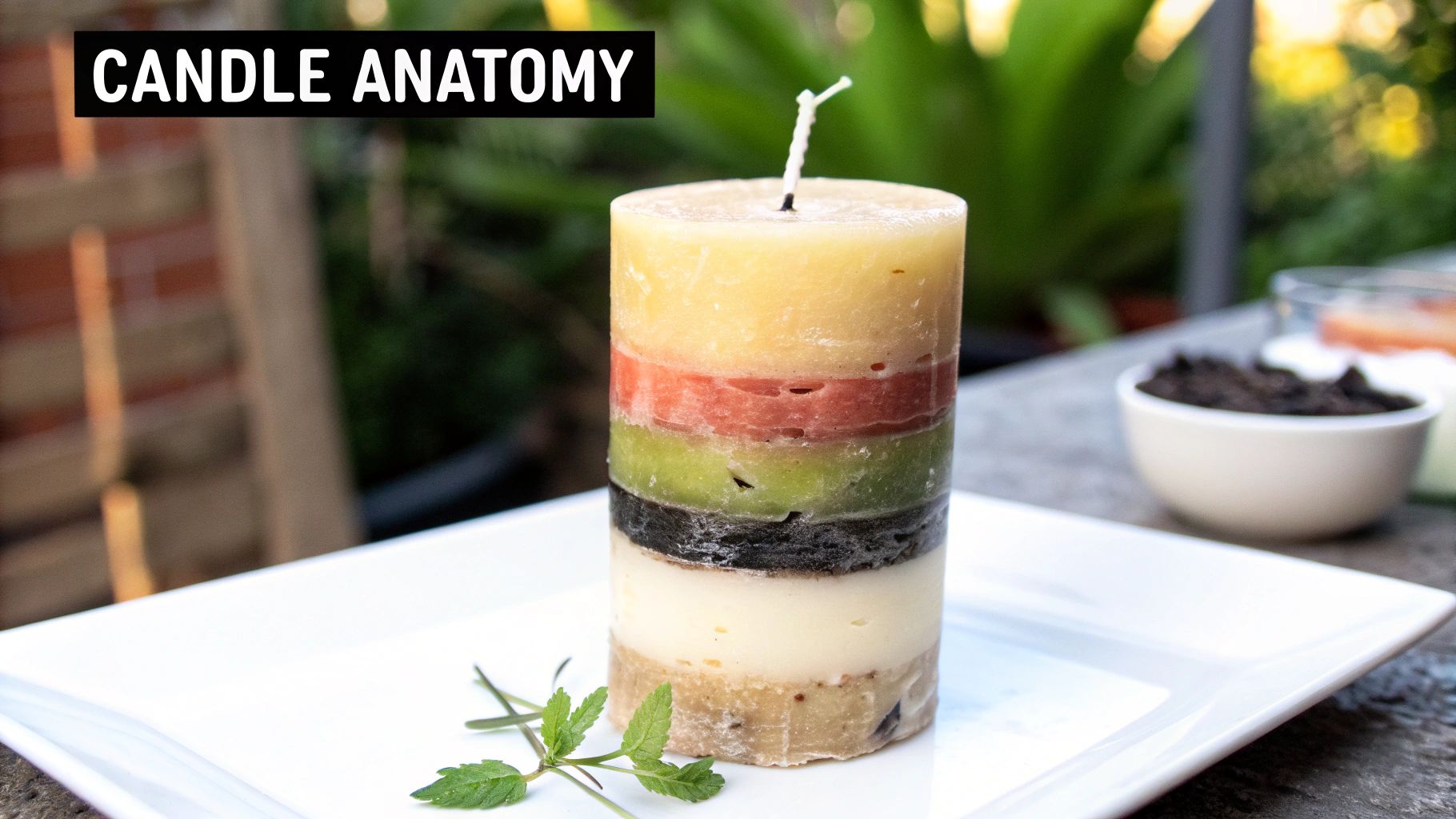 A vibrant, layered pillar candle with a wick, displayed on a white rectangular plate.