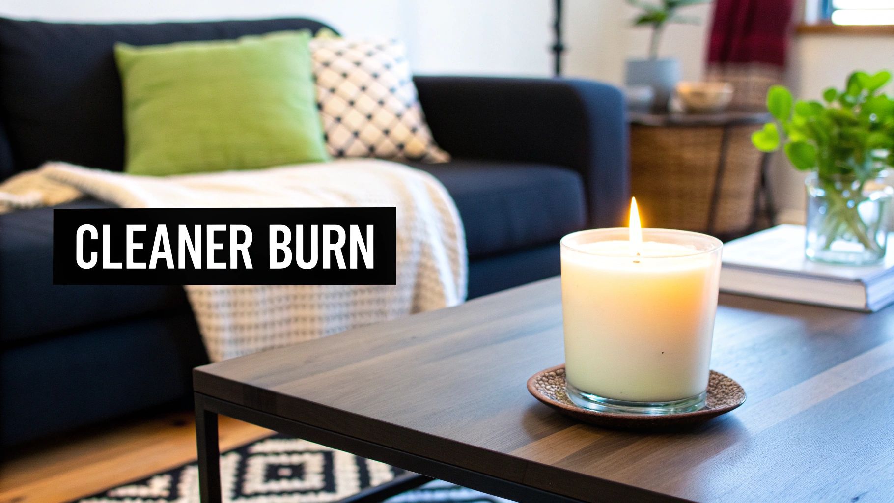 A lit soy wax candle in a glass jar sits on a wooden coffee table in a cozy living room.