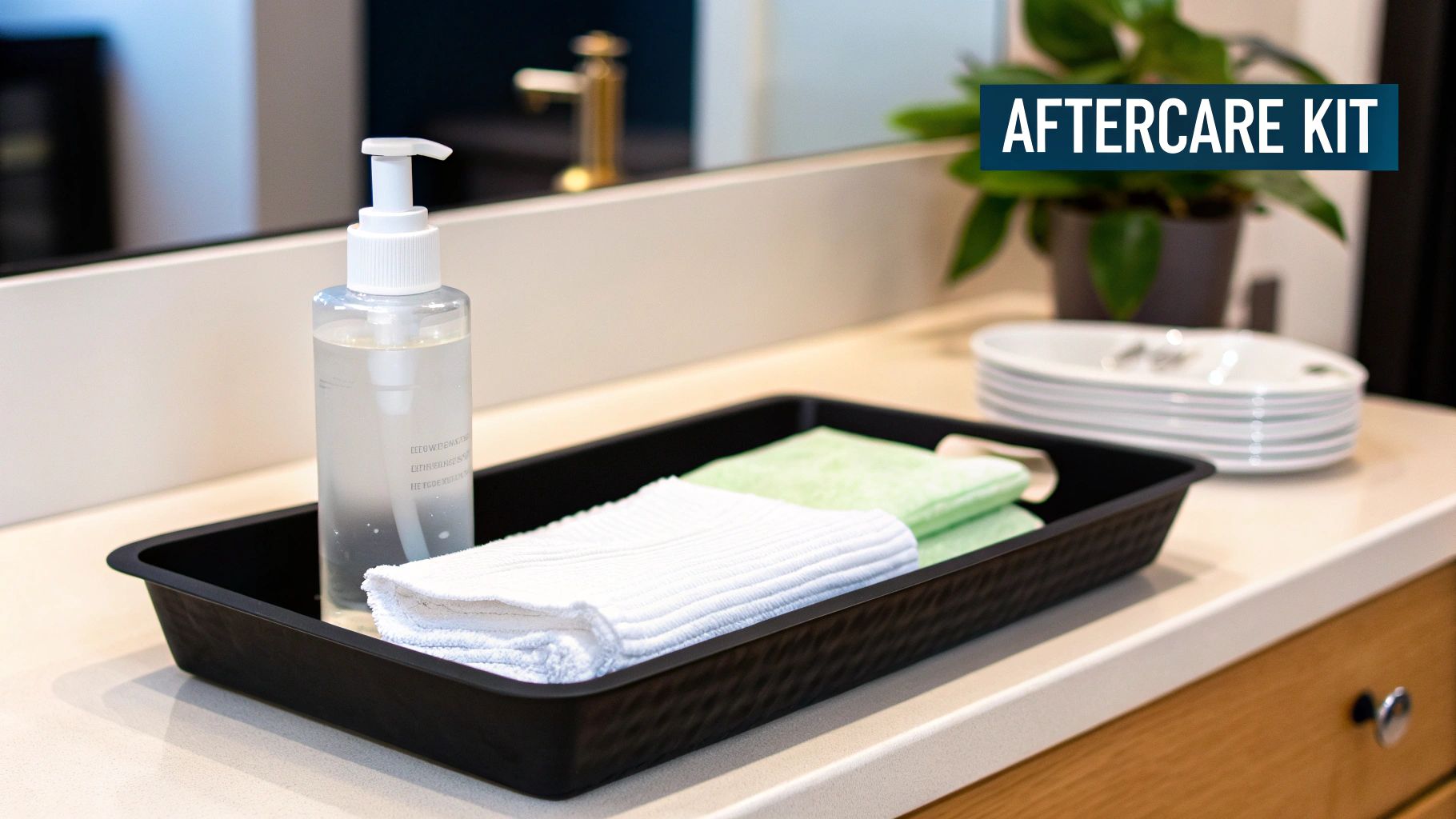 An 'Aftercare Kit' on a bathroom counter featuring a pump bottle, white towel, and green cloths in a black tray.