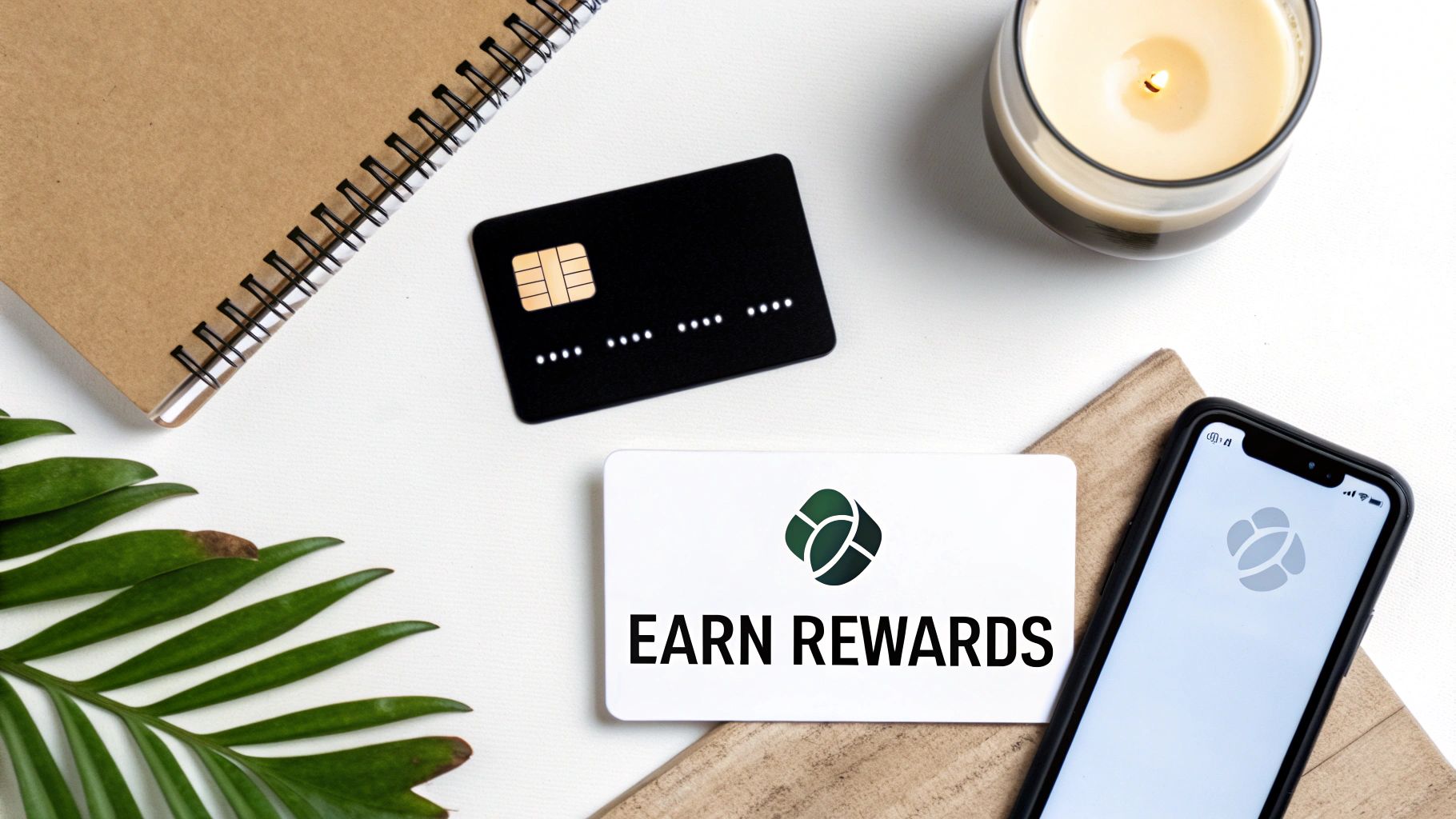 Overhead shot of a black credit card, an 'EARN REWARDS' card, smartphone, notebook, and a lit candle.