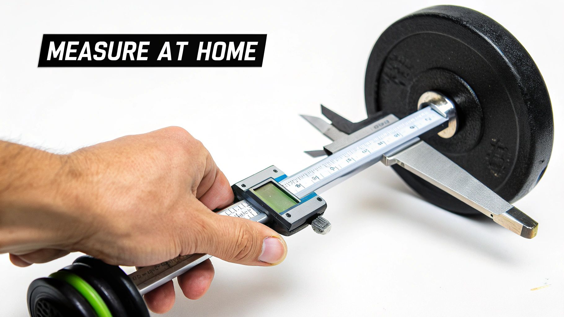 Someone using a small ruler to measure a curved barbell for a belly ring.