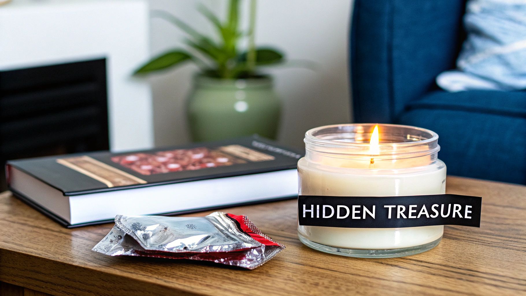 Burning candle jar with hidden treasure jewelry surprise displayed on wooden table with books