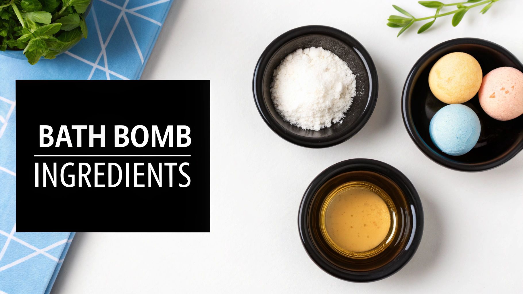Ingredients for making bath bombs, including white powder, liquid, and colorful bath bombs in bowls.