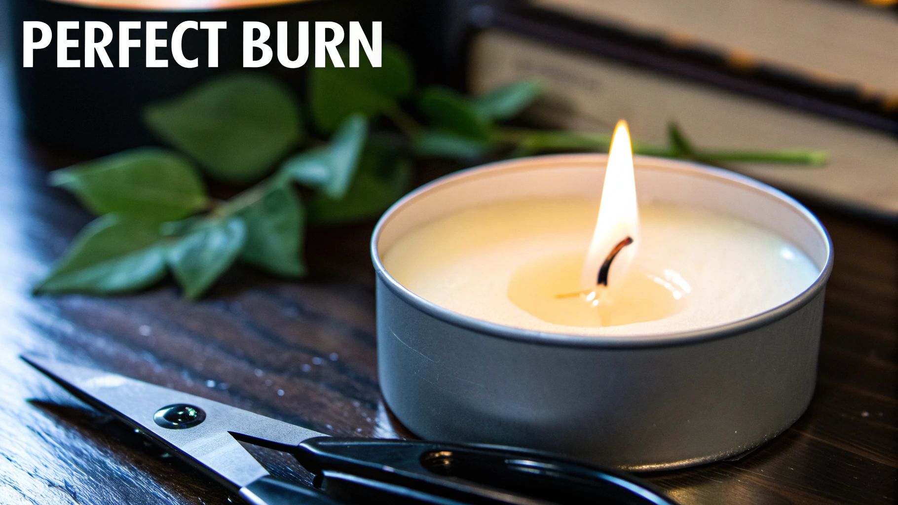 A lit candle in a metal tin, green leaves, and wick trimmer on a dark wooden table with 'PERFECT BURN' text.