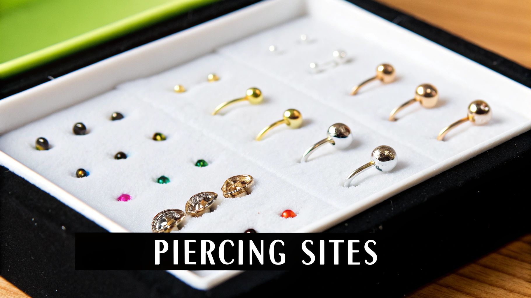 A close-up of a person's ear showing multiple piercings, with a focus on cartilage.