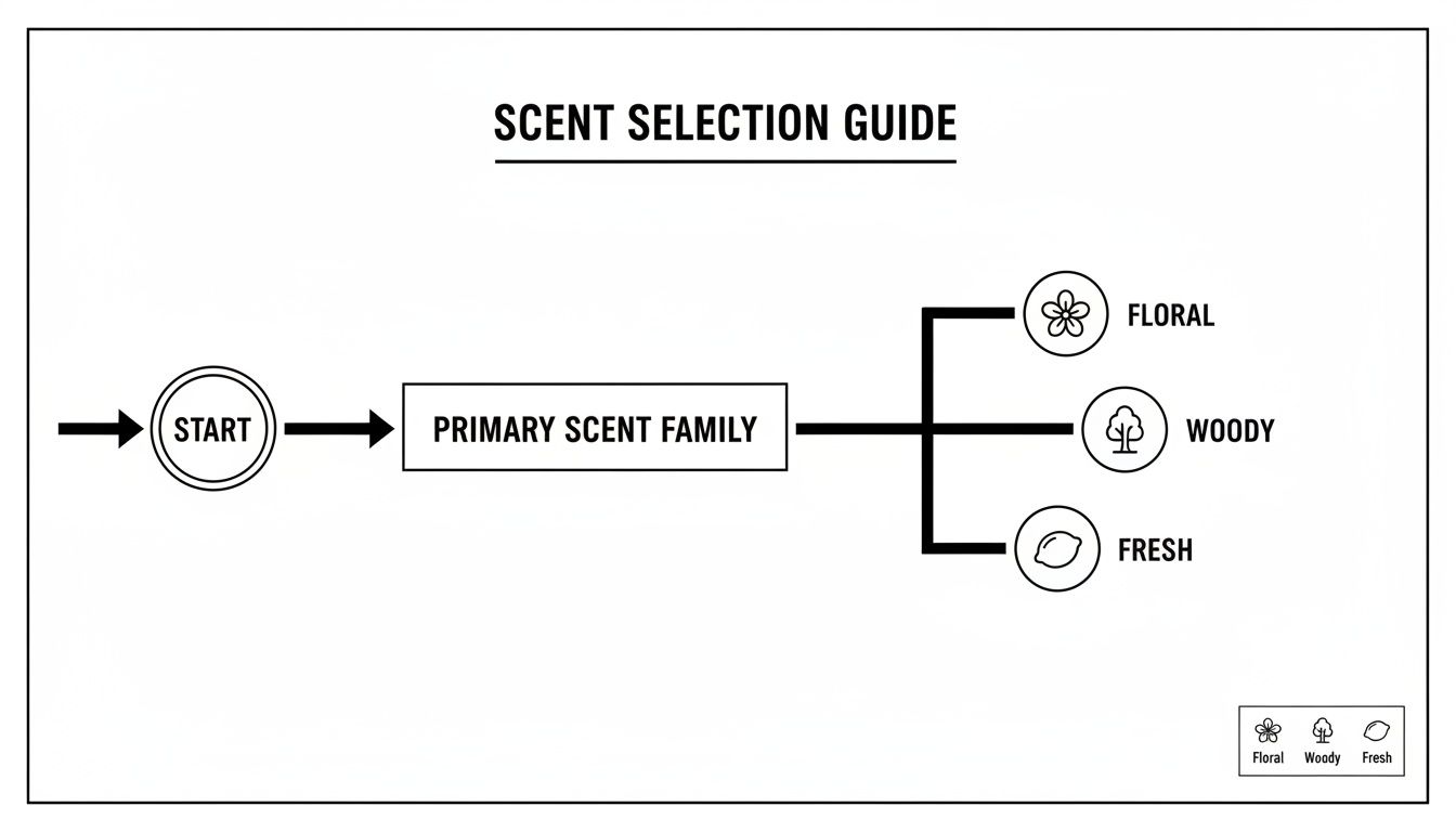 Flowchart illustrating a scent selection guide with primary scent family options: floral, woody, and fresh.