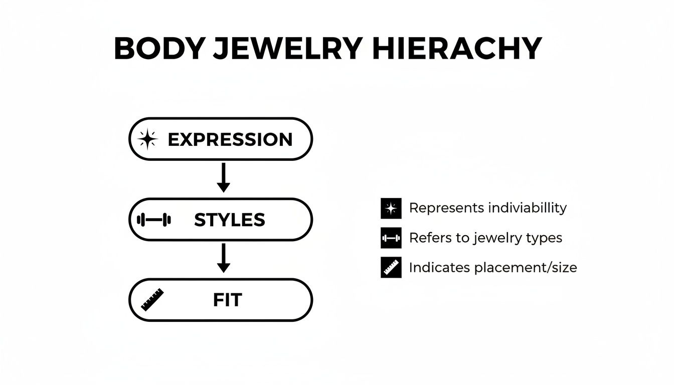 Flowchart illustrating body jewelry hierarchy: Expression, Styles, Fit, and their respective icon meanings.