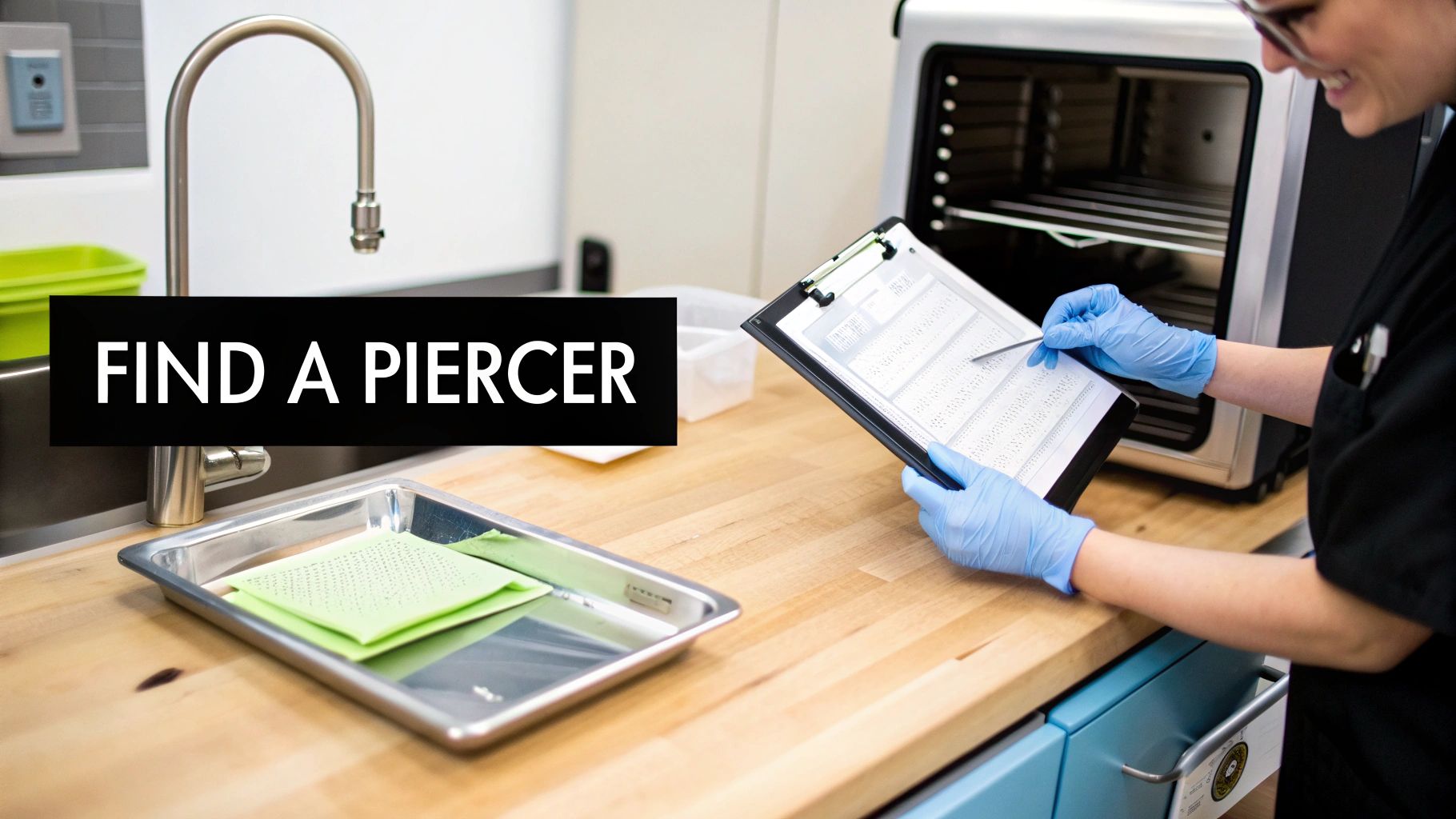 A piercer in blue gloves reviews records, surrounded by sterile equipment and a professional sink area.