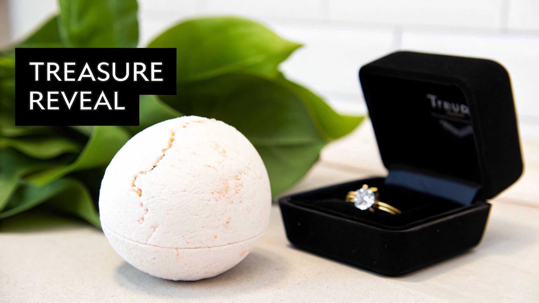 Bath bomb and engagement ring in velvet box treasure reveal gift surprise concept